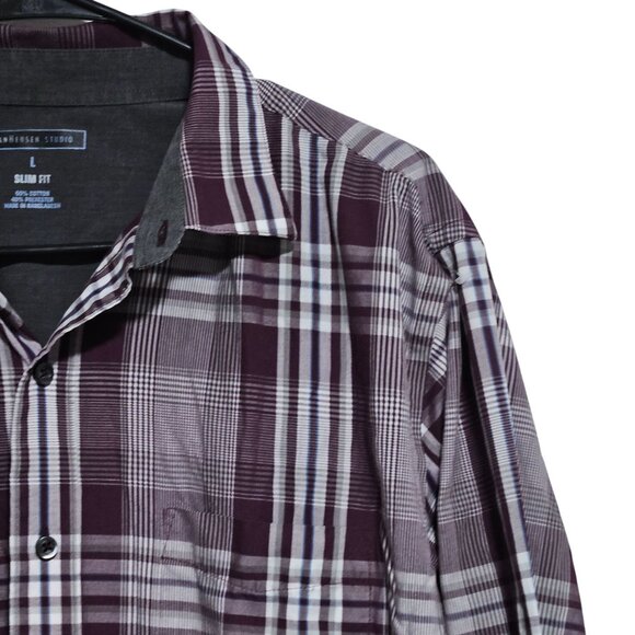 Van Heusen Slim Fit Plaid Button Up Shirt Mens Size Large Purple White - Picture 3 of 4